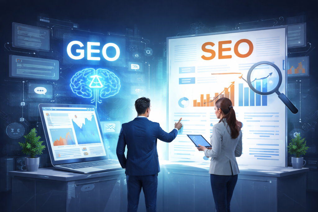 Illustration showing AI-driven search results and traditional SEO ranking concepts representing GEO vs SEO in 2026