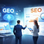 Illustration showing AI-driven search results and traditional SEO ranking concepts representing GEO vs SEO in 2026