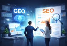 Illustration showing AI-driven search results and traditional SEO ranking concepts representing GEO vs SEO in 2026