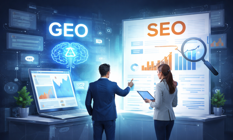 Illustration showing AI-driven search results and traditional SEO ranking concepts representing GEO vs SEO in 2026