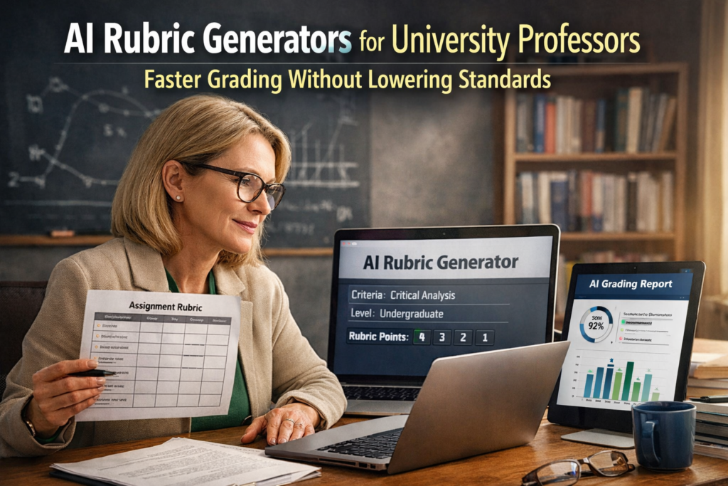 University professor using an AI rubric generator to design academic assessment criteria on a laptop