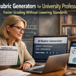 University professor using an AI rubric generator to design academic assessment criteria on a laptop