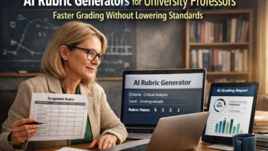 University professor using an AI rubric generator to design academic assessment criteria on a laptop
