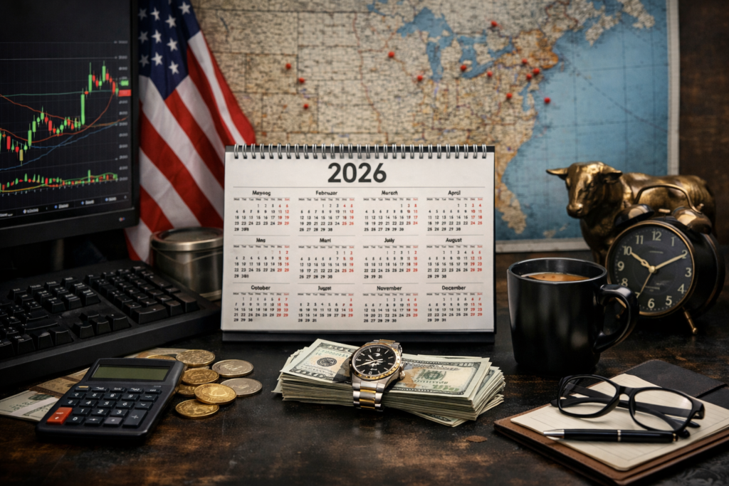 2026 trading calendar with stock market chart, US flag, financial desk setup with cash, calculator, and bull statue representing stock market trading days