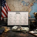 2026 trading calendar with stock market chart, US flag, financial desk setup with cash, calculator, and bull statue representing stock market trading days