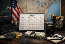 2026 trading calendar with stock market chart, US flag, financial desk setup with cash, calculator, and bull statue representing stock market trading days