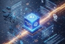 Abstract digital visualization of AI processing structured data and schema markup for GEO optimization on a futuristic circuit board.