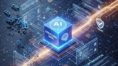 Abstract digital visualization of AI processing structured data and schema markup for GEO optimization on a futuristic circuit board.