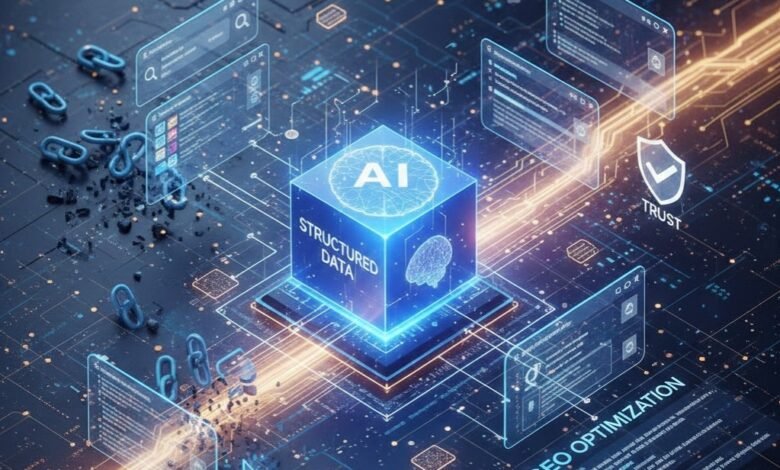 Abstract digital visualization of AI processing structured data and schema markup for GEO optimization on a futuristic circuit board.