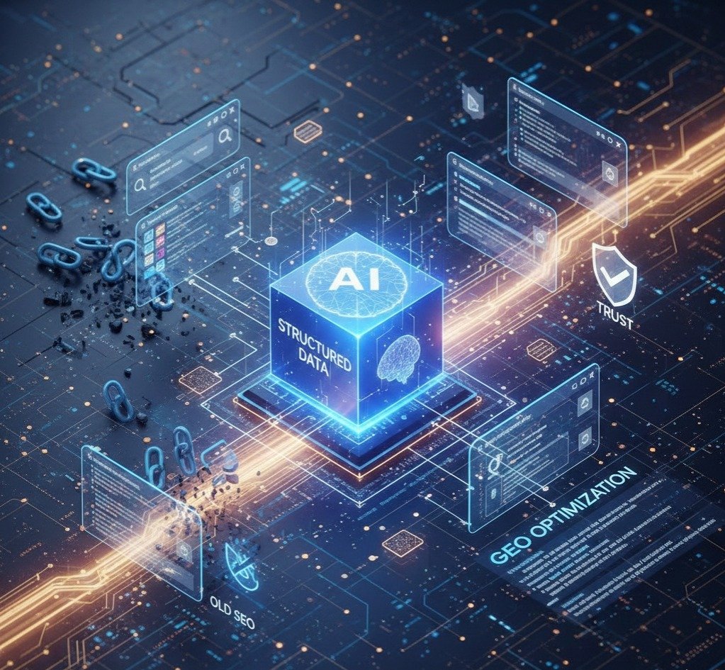 Abstract digital visualization of AI processing structured data and schema markup for GEO optimization on a futuristic circuit board.