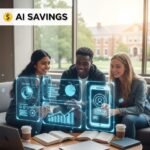 Diverse group of US college students using an AI personal finance app for budgeting and savings in 2026.