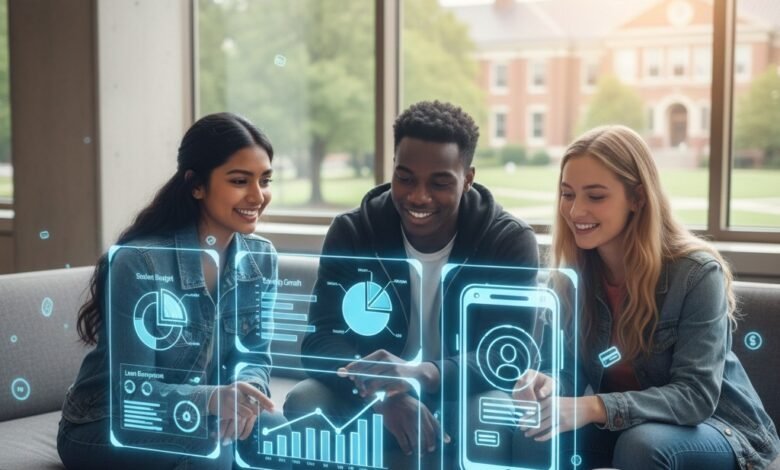 Diverse group of US college students using an AI personal finance app for budgeting and savings in 2026.