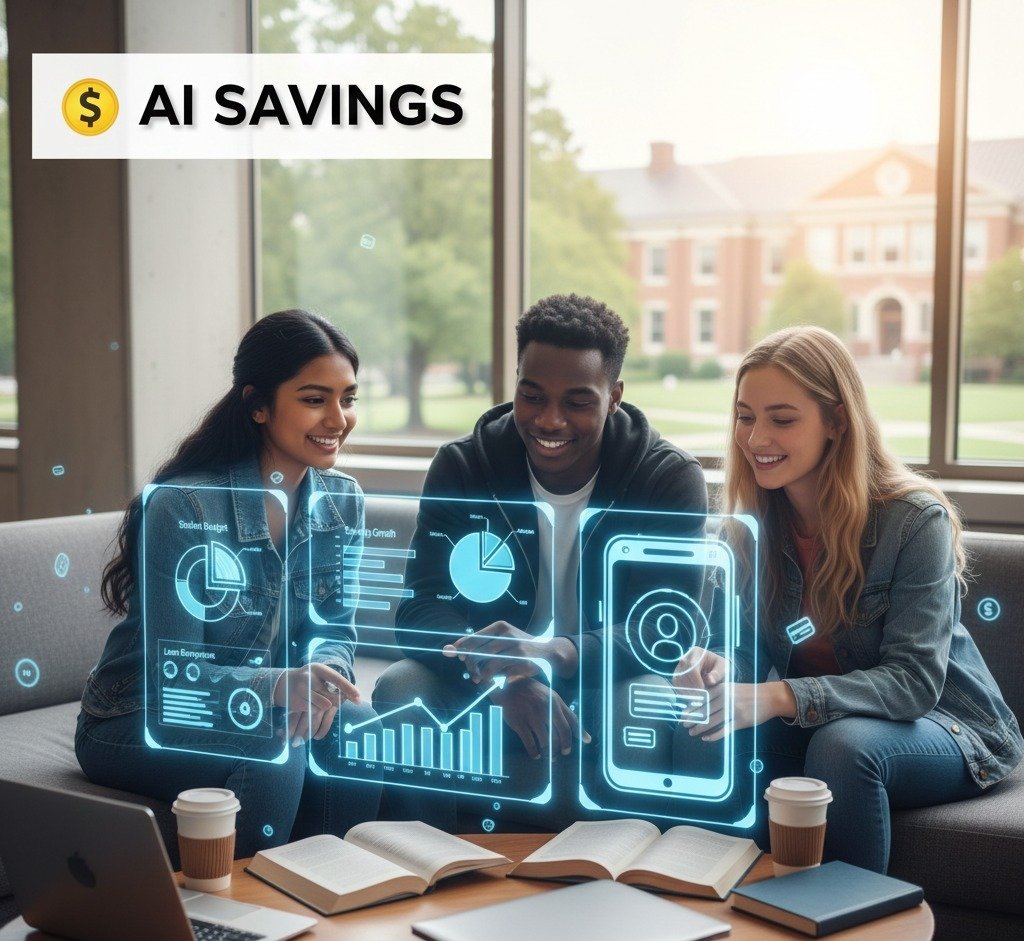 Diverse group of US college students using an AI personal finance app for budgeting and savings in 2026.