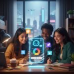 Diverse group of US college students using a futuristic holographic AI budgeting app for financial planning in 2026, featuring icons of popular budgeting tools