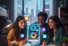 Diverse group of US college students using a futuristic holographic AI budgeting app for financial planning in 2026, featuring icons of popular budgeting tools