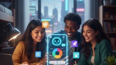 Diverse group of US college students using a futuristic holographic AI budgeting app for financial planning in 2026, featuring icons of popular budgeting tools