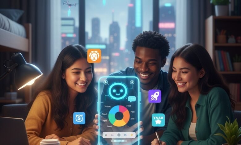 Diverse group of US college students using a futuristic holographic AI budgeting app for financial planning in 2026, featuring icons of popular budgeting tools