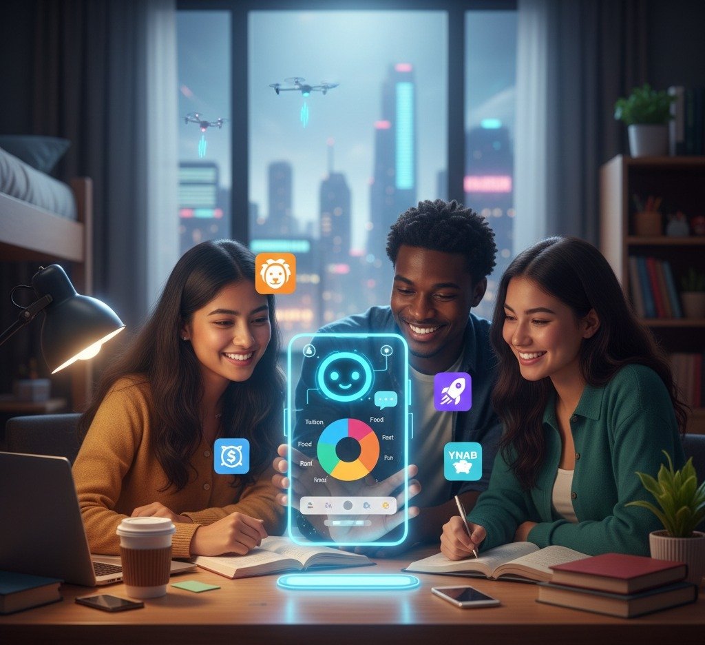 Diverse group of US college students using a futuristic holographic AI budgeting app for financial planning in 2026, featuring icons of popular budgeting tools