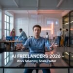 “US startup founder at sleek desk interacting with AI-powered holographic dashboards showing content, automation, and workflow pipelines, with diverse team collaborating in modern futuristic office – AI Freelancers 2026.”