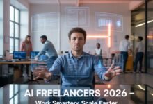 “US startup founder at sleek desk interacting with AI-powered holographic dashboards showing content, automation, and workflow pipelines, with diverse team collaborating in modern futuristic office – AI Freelancers 2026.”