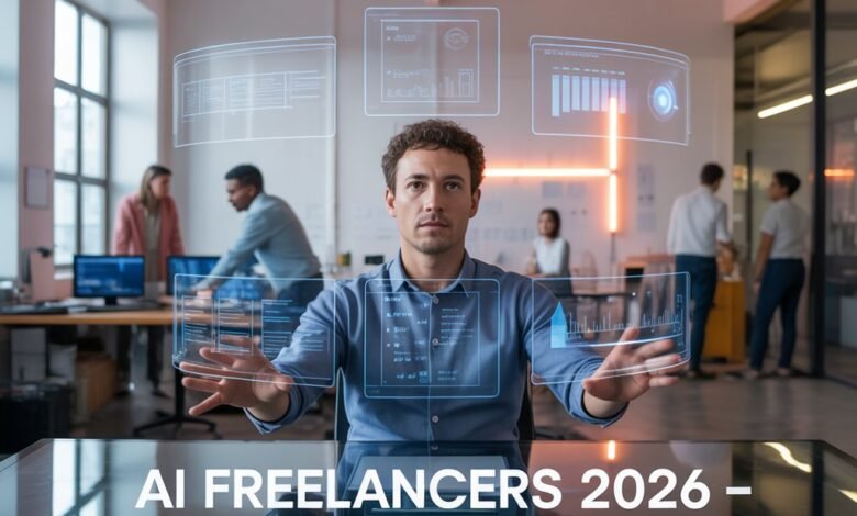 “US startup founder at sleek desk interacting with AI-powered holographic dashboards showing content, automation, and workflow pipelines, with diverse team collaborating in modern futuristic office – AI Freelancers 2026.”