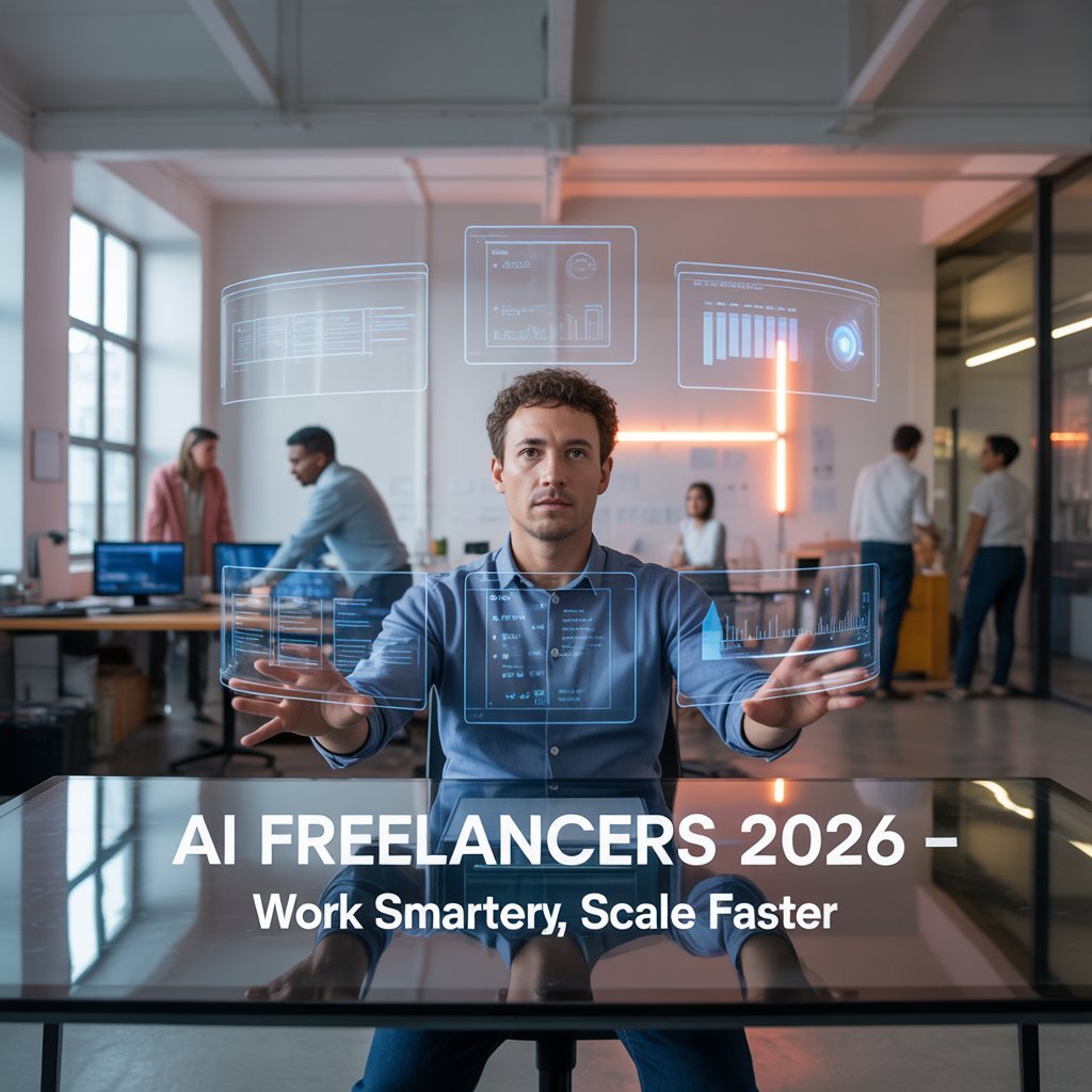 “US startup founder at sleek desk interacting with AI-powered holographic dashboards showing content, automation, and workflow pipelines, with diverse team collaborating in modern futuristic office – AI Freelancers 2026.”