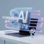 how to write content for AI search engines concept image showing futuristic AI workspace and data flow