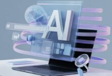 how to write content for AI search engines concept image showing futuristic AI workspace and data flow