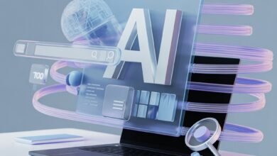 how to write content for AI search engines concept image showing futuristic AI workspace and data flow