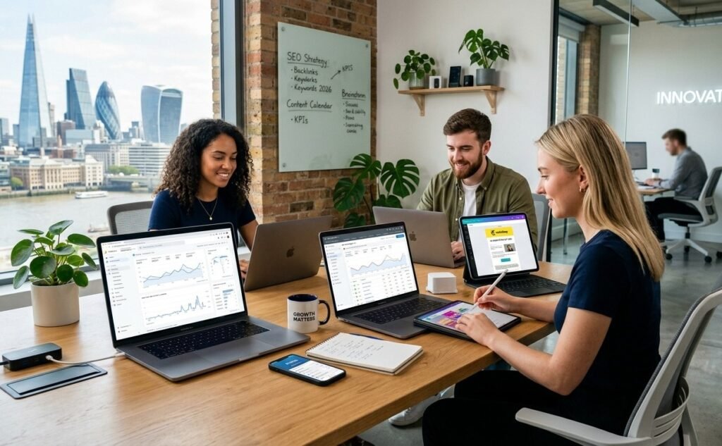 "UK startup team working on laptops and tablets with digital marketing dashboards, SEO charts, social media posts, and email campaigns in a modern office with London city view, 2026."