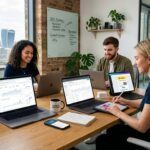 "UK startup team working on laptops and tablets with digital marketing dashboards, SEO charts, social media posts, and email campaigns in a modern office with London city view, 2026."