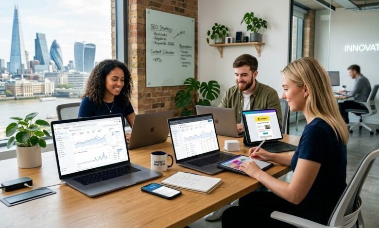 "UK startup team working on laptops and tablets with digital marketing dashboards, SEO charts, social media posts, and email campaigns in a modern office with London city view, 2026."