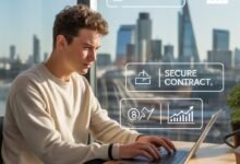 Professional UK freelancer in a London co-working space using 2026 freelance platforms to find clients and manage GBP payments."