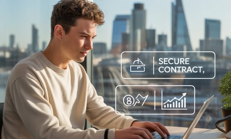 Professional UK freelancer in a London co-working space using 2026 freelance platforms to find clients and manage GBP payments."