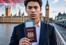 UK Visa News 2026 digital illustration showing e-visa on smartphone with UK flag and diverse professionals, reflecting new immigration rules and 10-year settlement.