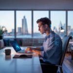 Remote professional working from home in the UK using AI analytics dashboard in 2026