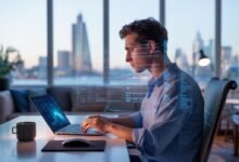 Remote professional working from home in the UK using AI analytics dashboard in 2026