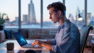 Remote professional working from home in the UK using AI analytics dashboard in 2026