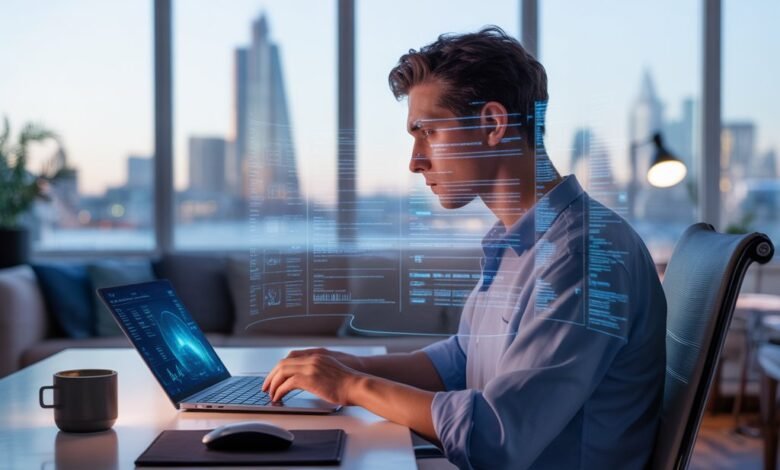 Remote professional working from home in the UK using AI analytics dashboard in 2026