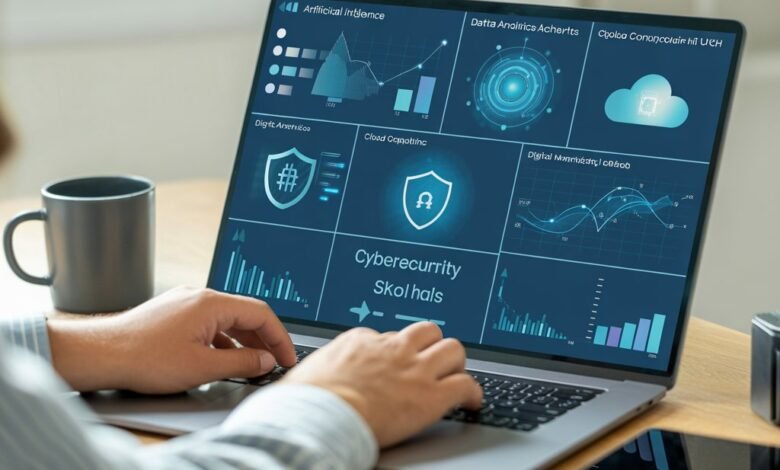 Most in-demand online skills in the UK including AI, data analytics, cybersecurity, cloud computing, and digital marketing for remote work and freelancing