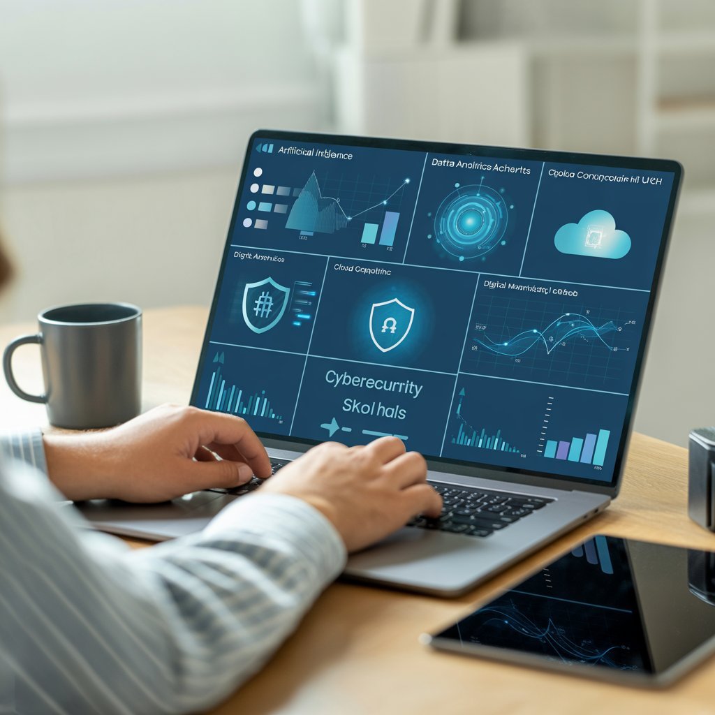 Most in-demand online skills in the UK including AI, data analytics, cybersecurity, cloud computing, and digital marketing for remote work and freelancing