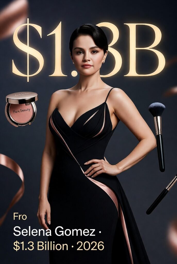 Selena Gomez as a billionaire businesswoman with Rare Beauty makeup and $1.3 billion net worth text."