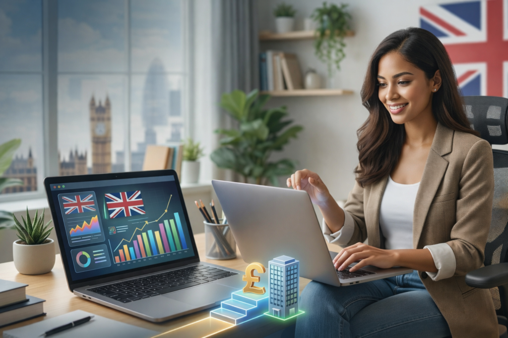 Woman working on a laptop with digital skill icons like AI, cybersecurity, and SEO floating above, promoting 2026 UK remote career training