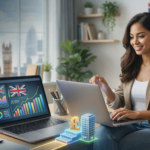 Woman working on a laptop with digital skill icons like AI, cybersecurity, and SEO floating above, promoting 2026 UK remote career training