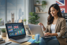 Woman working on a laptop with digital skill icons like AI, cybersecurity, and SEO floating above, promoting 2026 UK remote career training