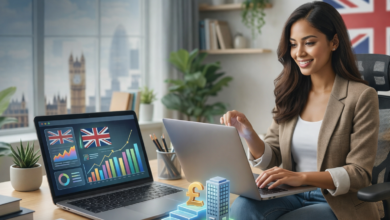 Woman working on a laptop with digital skill icons like AI, cybersecurity, and SEO floating above, promoting 2026 UK remote career training