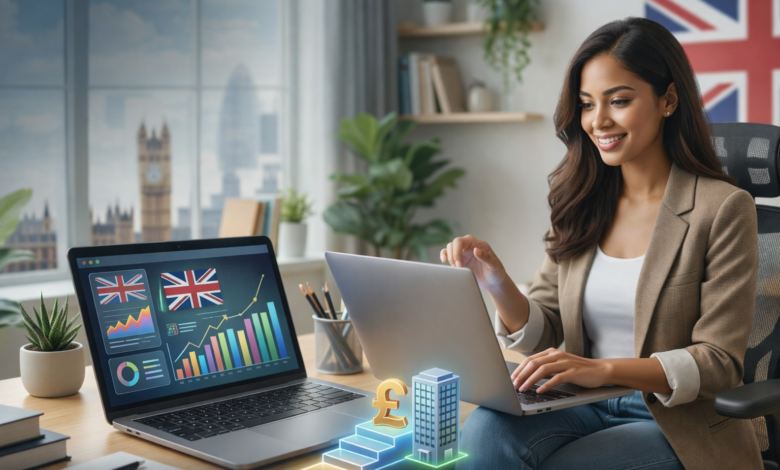 Woman working on a laptop with digital skill icons like AI, cybersecurity, and SEO floating above, promoting 2026 UK remote career training