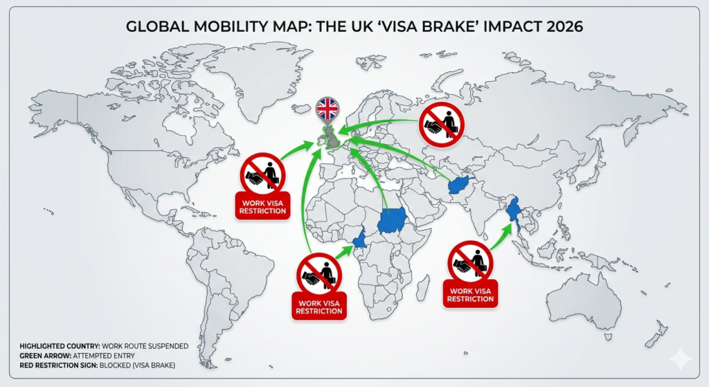 Global Mobility Map showing UK Visa Brake 2026 impact on Afghanistan, Cameroon, Myanmar, and Sudan.