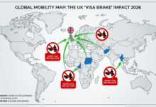Global Mobility Map showing UK Visa Brake 2026 impact on Afghanistan, Cameroon, Myanmar, and Sudan.