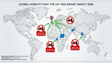 Global Mobility Map showing UK Visa Brake 2026 impact on Afghanistan, Cameroon, Myanmar, and Sudan.
